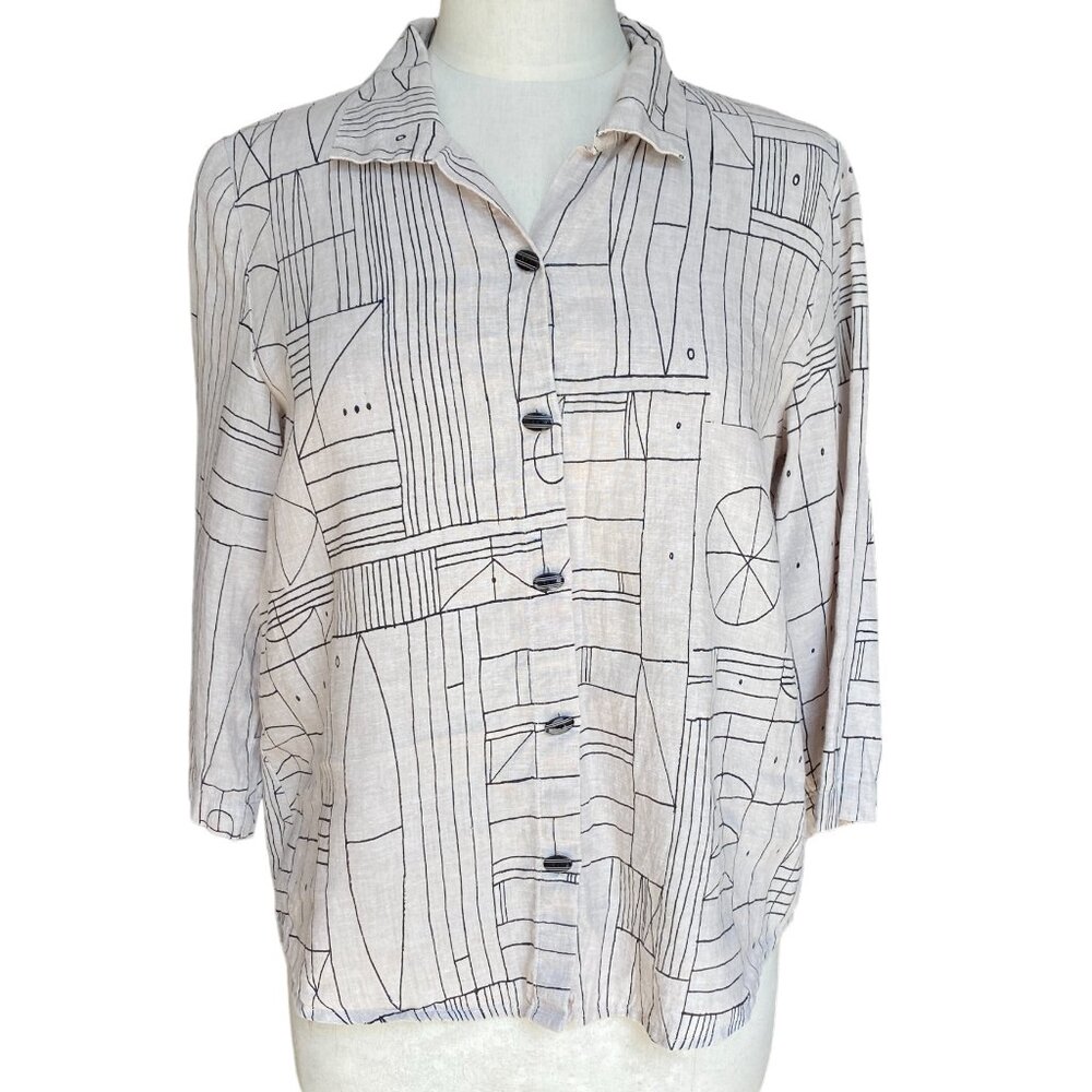 Habitat Linen Hand-Drawn Geometric Print Button Down Shirt Lagenlook Artsy-S